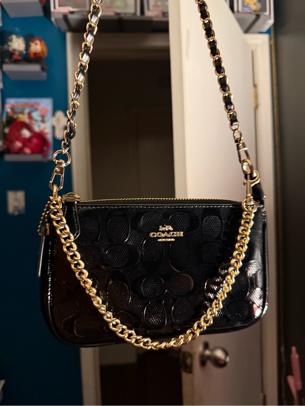 Coach Black Patent Signature Chain Crossbody Bag